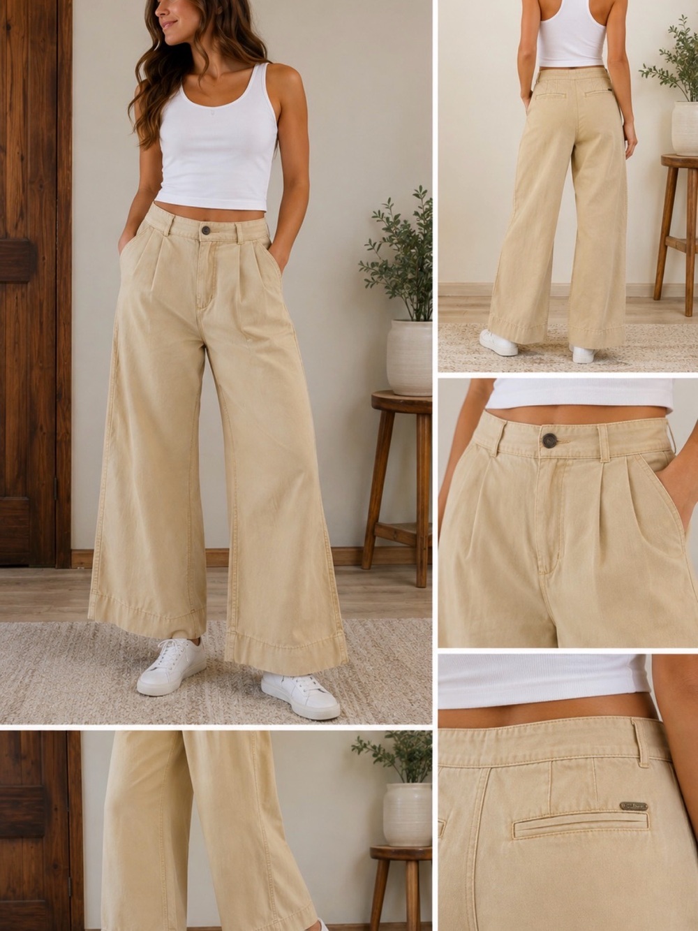 Free People Wide-Leg Chino Trousers Creme Tan High Rise Pants Women’s Size 4 NWT